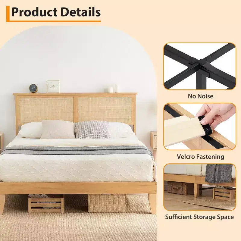 Struttura letto a piattaforma in rattan bohémien marrone naturale con testiera a LED – Matrimoniale/Queen/King, 1-2 persone