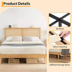 Struttura letto a piattaforma in rattan bohémien marrone naturale con testiera a LED – Matrimoniale/Queen/King, 1-2 persone