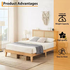 Struttura letto a piattaforma in rattan bohémien marrone naturale con testiera a LED – Matrimoniale/Queen/King, 1-2 persone