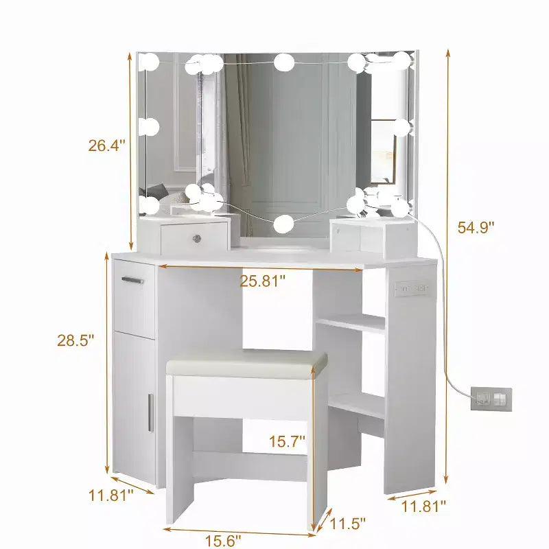 Corner vanity with mirror and light, featuring power outlet, 3 lighting modes, 5 rotating drawers, and included stoolperfect for the bedroom.