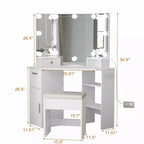 Corner vanity with mirror and light, featuring power outlet, 3 lighting modes, 5 rotating drawers, and included stoolperfect for the bedroom.