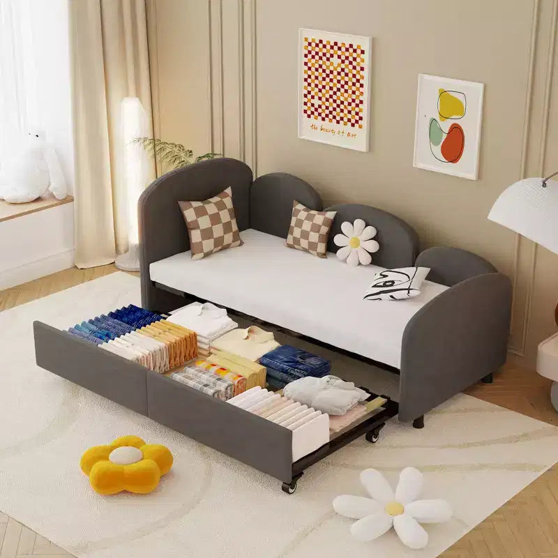 Daybed gemello floreale bianco con rotelle, sponde laterali a 3 lati, per 2 persone