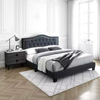 Royal Hampton Tufted Queen Burlap Bed with Curved Headboard, Charcoal Gray