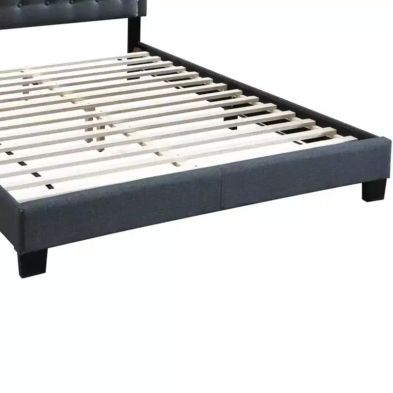 Letto a piattaforma Queen in tessuto grigio antracite – Testiera capitonné a gobba di cammello, per 1