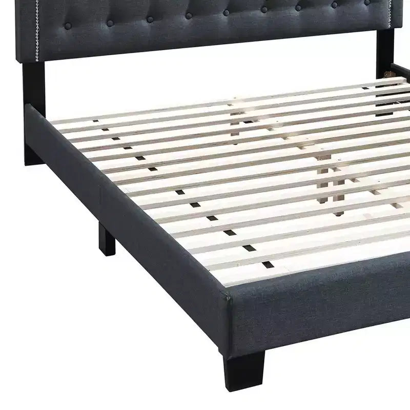 Letto a piattaforma Queen in tessuto grigio antracite – Testiera capitonné a gobba di cammello, per 1