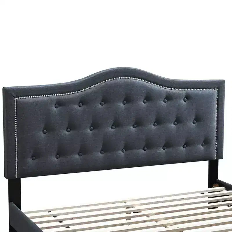 Letto a piattaforma Queen in tessuto grigio antracite – Testiera capitonné a gobba di cammello, per 1