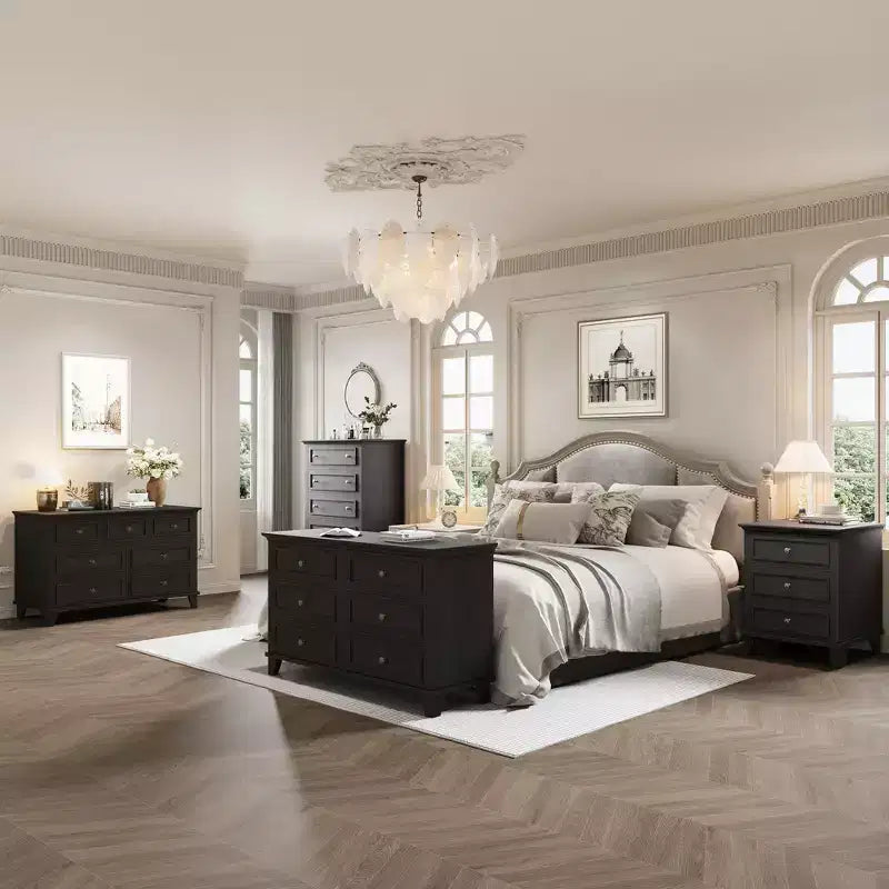Comò nero a 7 cassetti con maniglie in metallo, finitura legno vintage – Montaggio da 1 persona