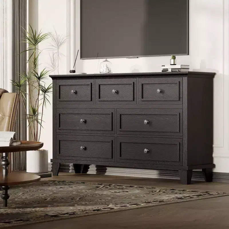 Comò nero a 7 cassetti con maniglie in metallo, finitura legno vintage – Montaggio da 1 persona