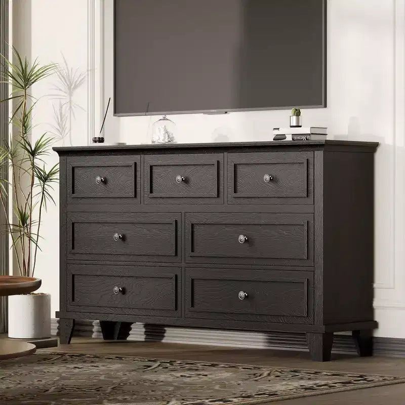 Comò nero a 7 cassetti con maniglie in metallo, finitura legno vintage – Montaggio da 1 persona