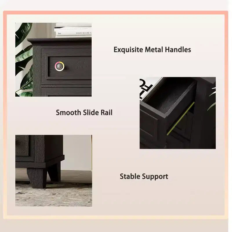 Comò nero a 7 cassetti con maniglie in metallo, finitura legno vintage – Montaggio da 1 persona