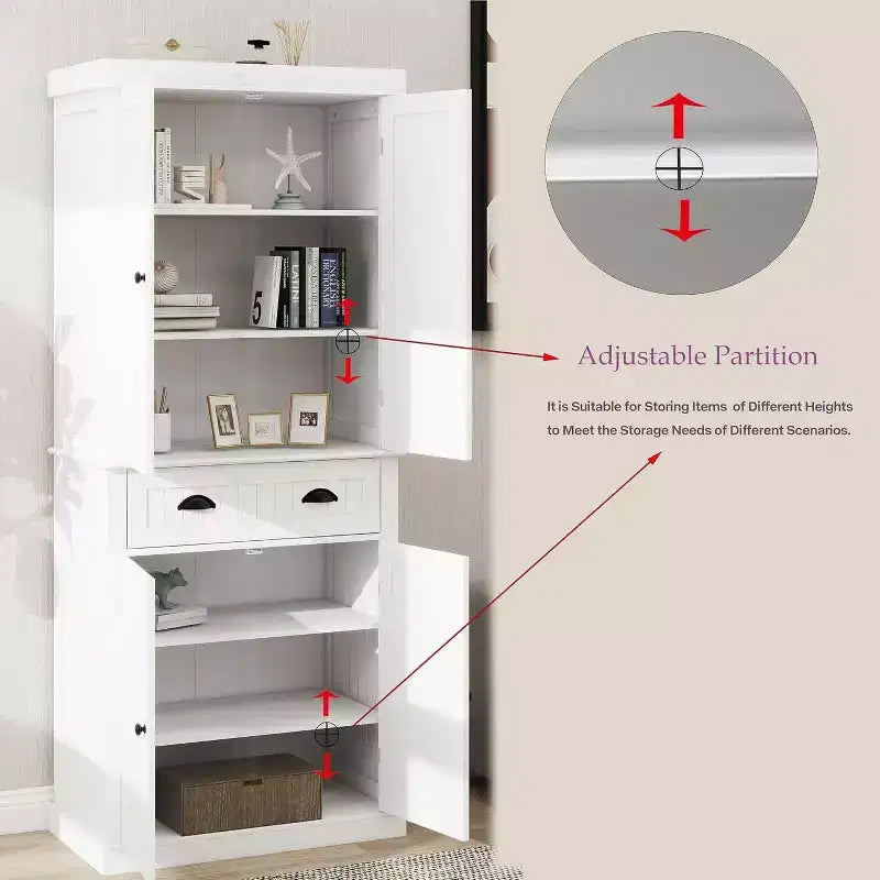 Dispensa da Cucina Autoportante MAYEERTY Bianca 71, 4 Ante 1 Cassetto 2 Ripiani Regolabili
