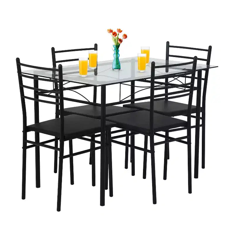 FDW 5 Piece Dining Table Set Modern Glass Top Dining Table with 4 Comfortable Chairs Sleek Black Metal Frame, Black