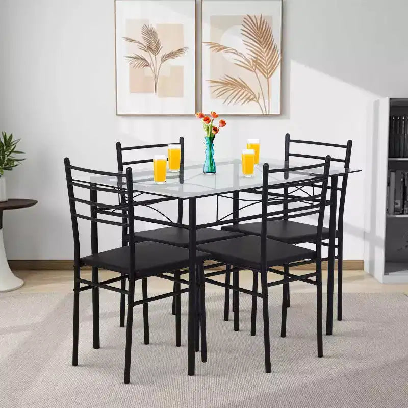 Set da pranzo con tavolo piano in vetro e struttura in metallo nero, 5 pezzi, 4 posti a sedere