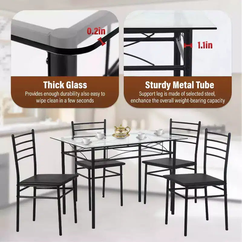 Set da pranzo con tavolo piano in vetro e struttura in metallo nero, 5 pezzi, 4 posti a sedere
