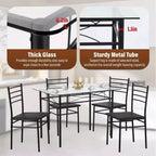 Set da pranzo con tavolo piano in vetro e struttura in metallo nero, 5 pezzi, 4 posti a sedere