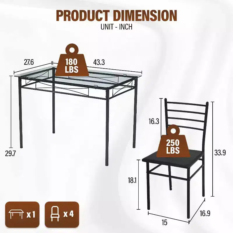Set da pranzo con tavolo piano in vetro e struttura in metallo nero, 5 pezzi, 4 posti a sedere