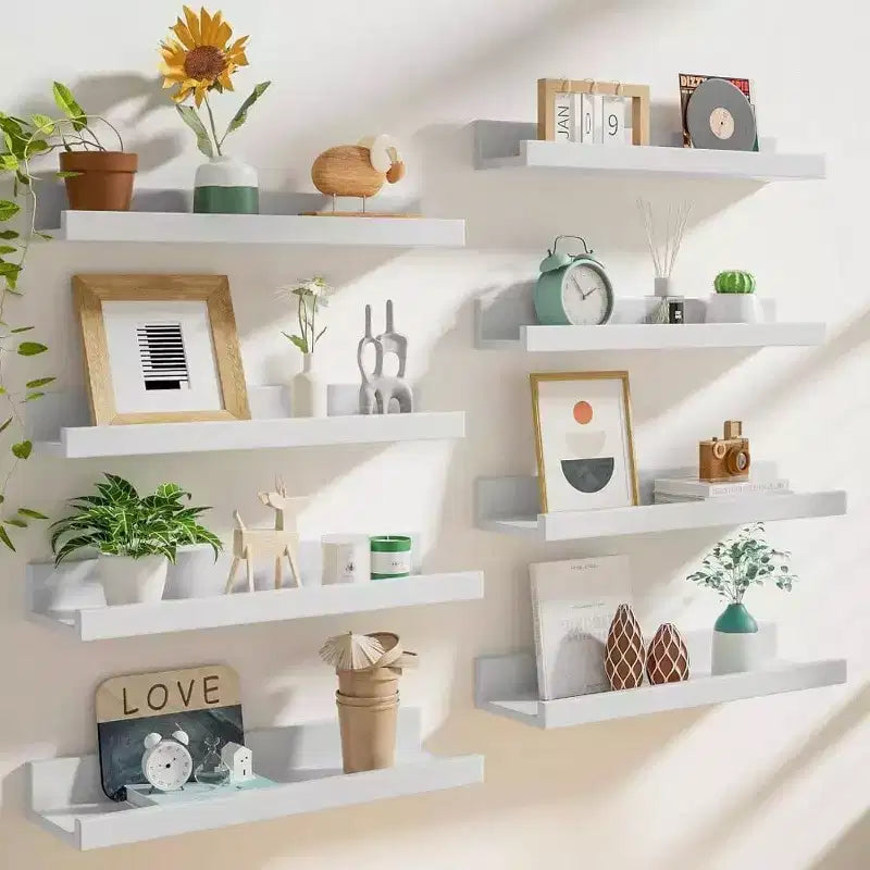 24 inch picture ledge shelf set of 8 long floating white wall shelves with lip for living room bedroom bookshelf