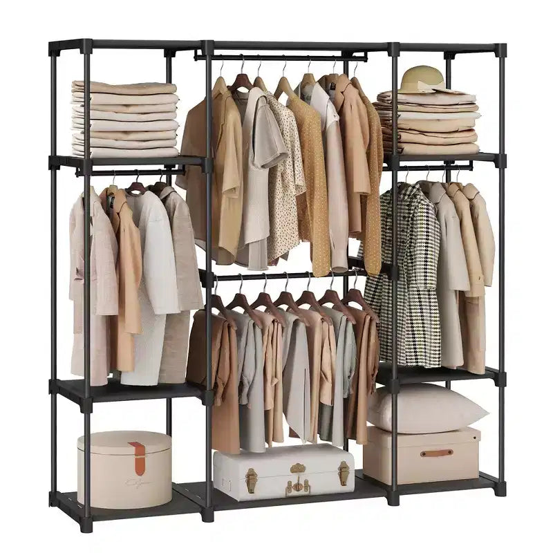 Freestanding Closet Organizer with Hanging Rods & Shelves, Portable Wardrobe Rack, Tool-Free Assembly, Anti-Tip Kit, for Bedroom/Cloakroom, Black