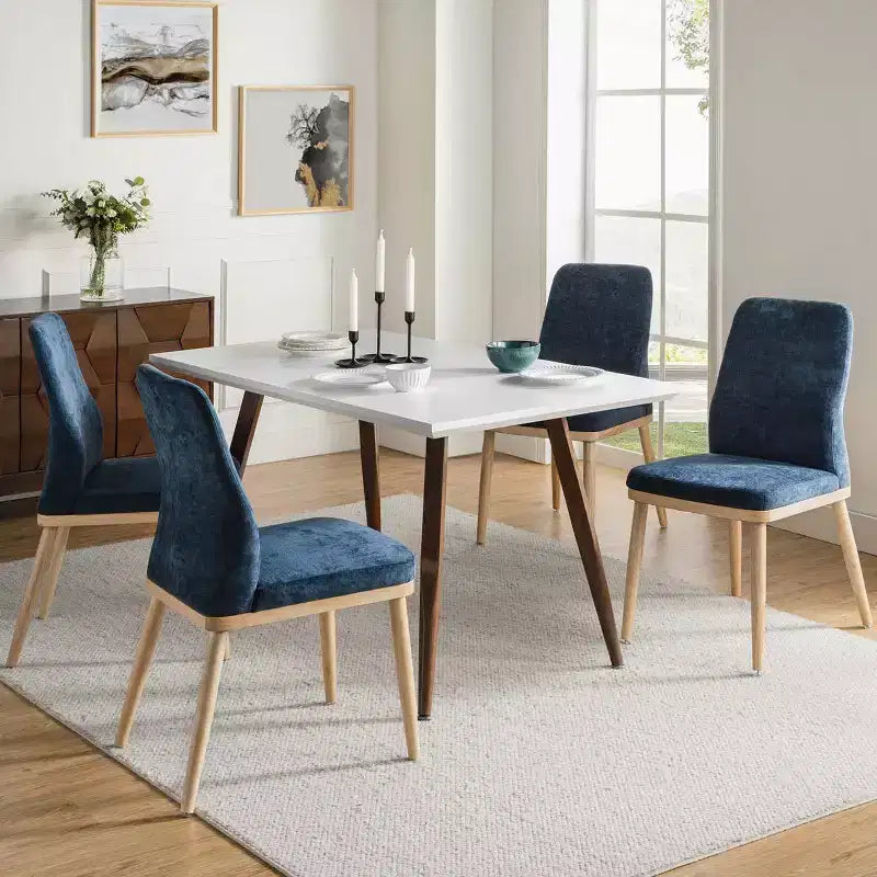 Sedia da pranzo imbottita Mid-Century Modern – Beige / Grigio / Blu scuro – Set da 4