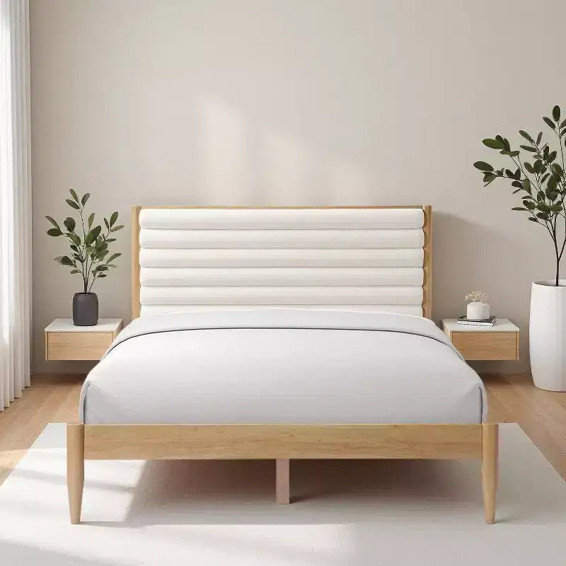 Struttura letto a piattaforma queen imbottita in ciniglia color crema