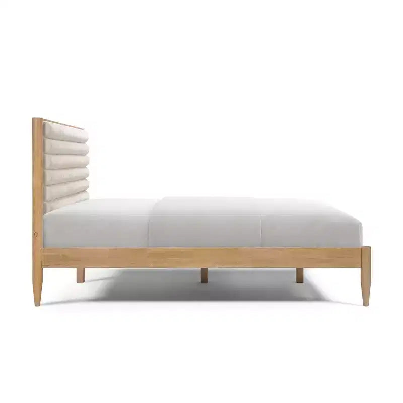 Struttura letto a piattaforma queen imbottita in ciniglia color crema