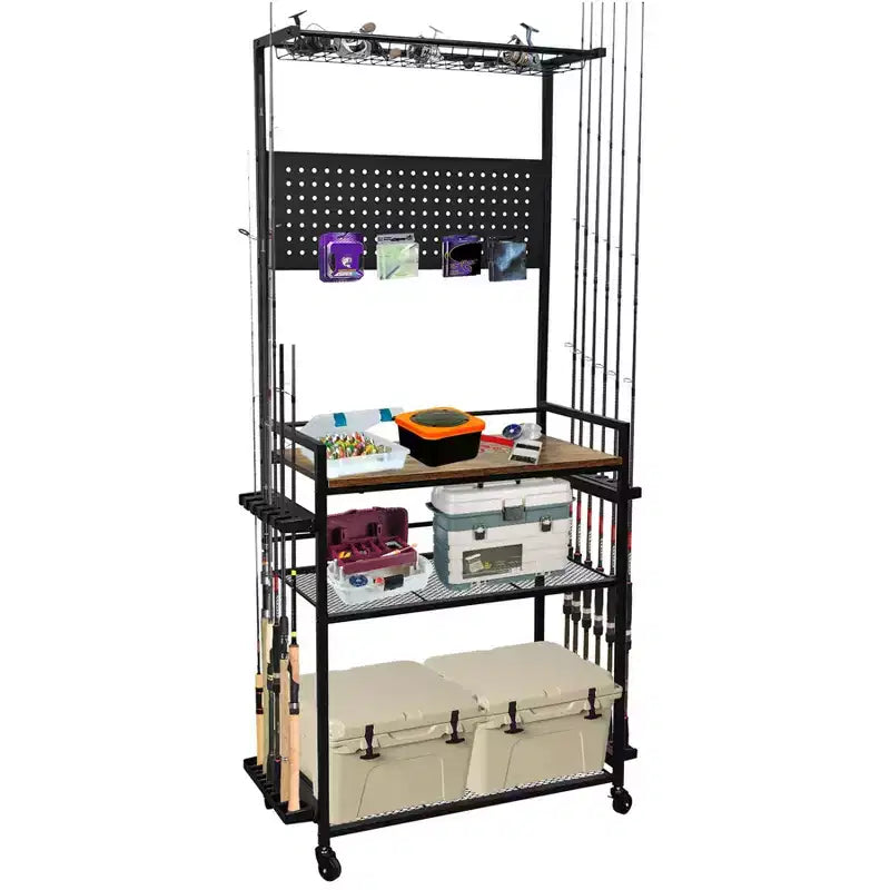 Garvee Fishing Rod Holders for Garage, Fishing Rod Storage Rack with Hooks & Wheels, Fish Pole Stand Organizer with Pegboard for Fishing Gear