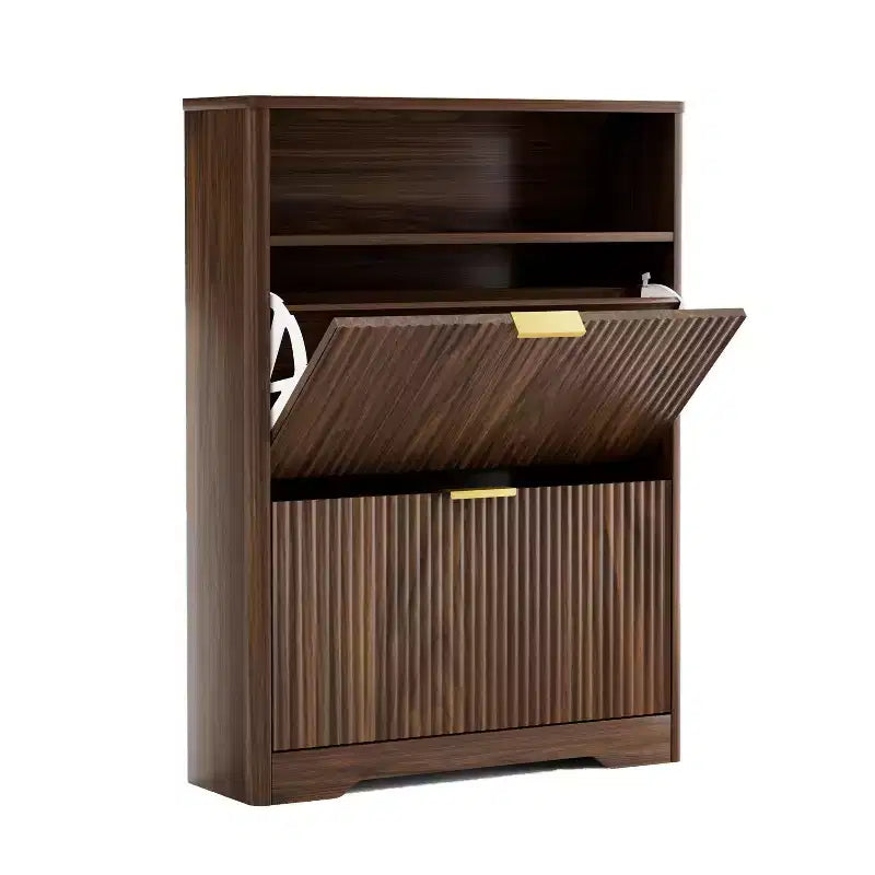 Scarpiera rustica con ante a ribalta, colore naturale/noce, 101,6 cm H / 138,2 cm H