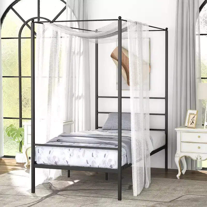 Struttura letto a baldacchino in metallo nero con supporto a doghe – Singolo/Piazza e mezza/Matrimoniale, 1–2 persone