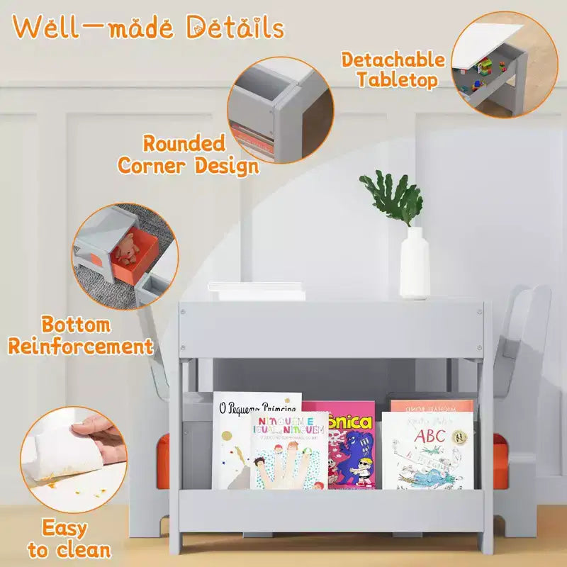 Tavolo e sedie per bambini, set da 4 in 1 tavolo attività in legno e 2 sedie con cassetto portaoggetti, piano del tavolo rimovibile per bambini, per disegnare, leggere, fare lavoretti