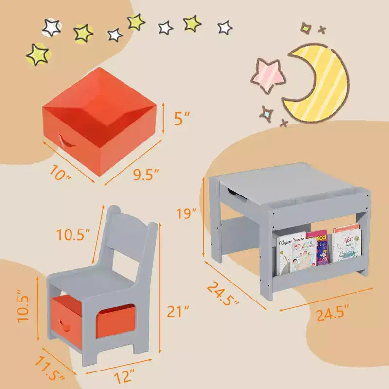 Tavolo e sedie per bambini, set da 4 in 1 tavolo attività in legno e 2 sedie con cassetto portaoggetti, piano del tavolo rimovibile per bambini, per disegnare, leggere, fare lavoretti