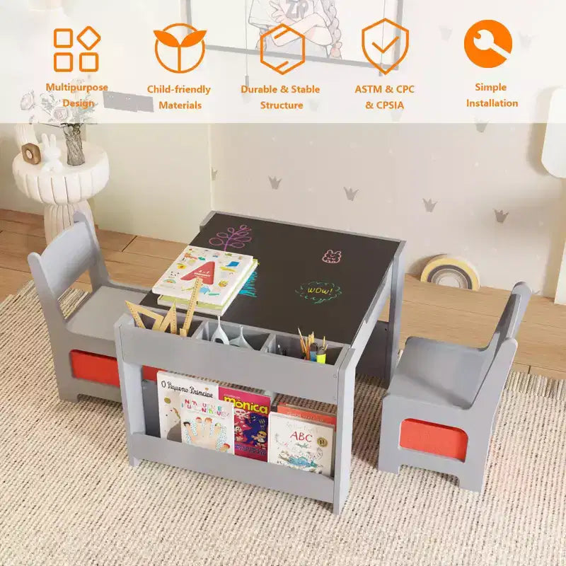 Tavolo e sedie per bambini, set da 4 in 1 tavolo attività in legno e 2 sedie con cassetto portaoggetti, piano del tavolo rimovibile per bambini, per disegnare, leggere, fare lavoretti