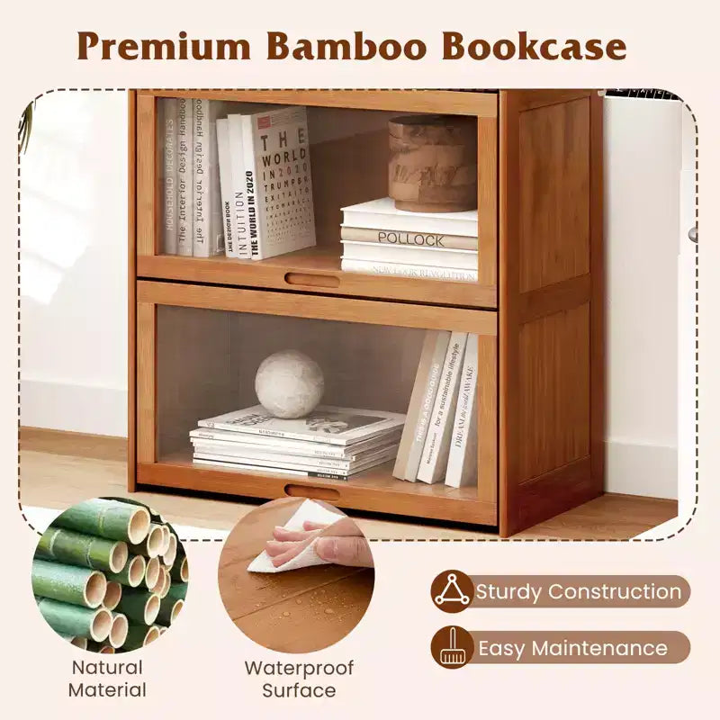 Libreria in bambù a 4 ripiani Marrone/Naturale con ante a ribalta in acrilico, 1 persona