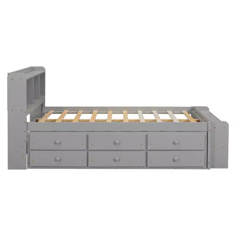Letto matrimoniale con testiera a libreria, 6 cassetti e vano portaoggetti a fondo letto, espresso/grigio/bianco, per 1-2 persone