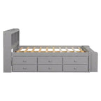Letto matrimoniale con testiera a libreria, 6 cassetti e vano portaoggetti a fondo letto, espresso/grigio/bianco, per 1-2 persone