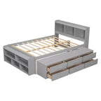 Letto matrimoniale con testiera a libreria, 6 cassetti e vano portaoggetti a fondo letto, espresso/grigio/bianco, per 1-2 persone