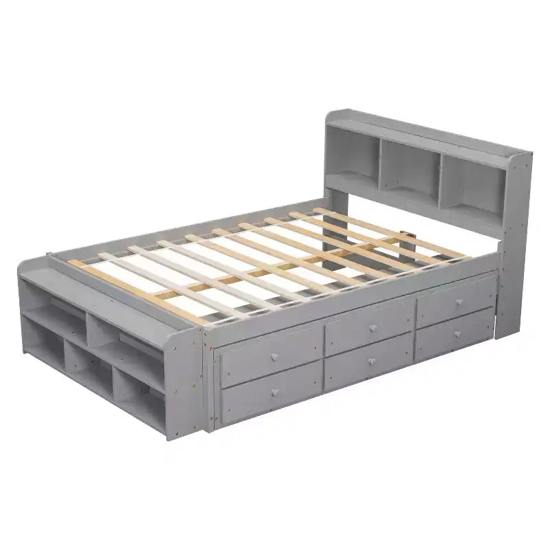 Letto matrimoniale con testiera a libreria, 6 cassetti e vano portaoggetti a fondo letto, espresso/grigio/bianco, per 1-2 persone