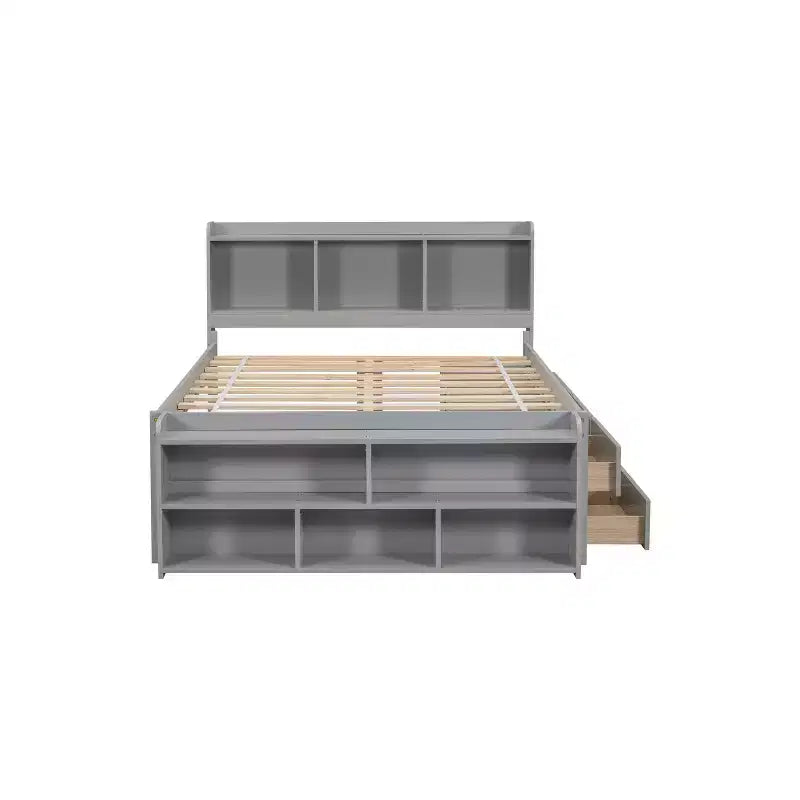 Letto matrimoniale con testiera a libreria, 6 cassetti e vano portaoggetti a fondo letto, espresso/grigio/bianco, per 1-2 persone