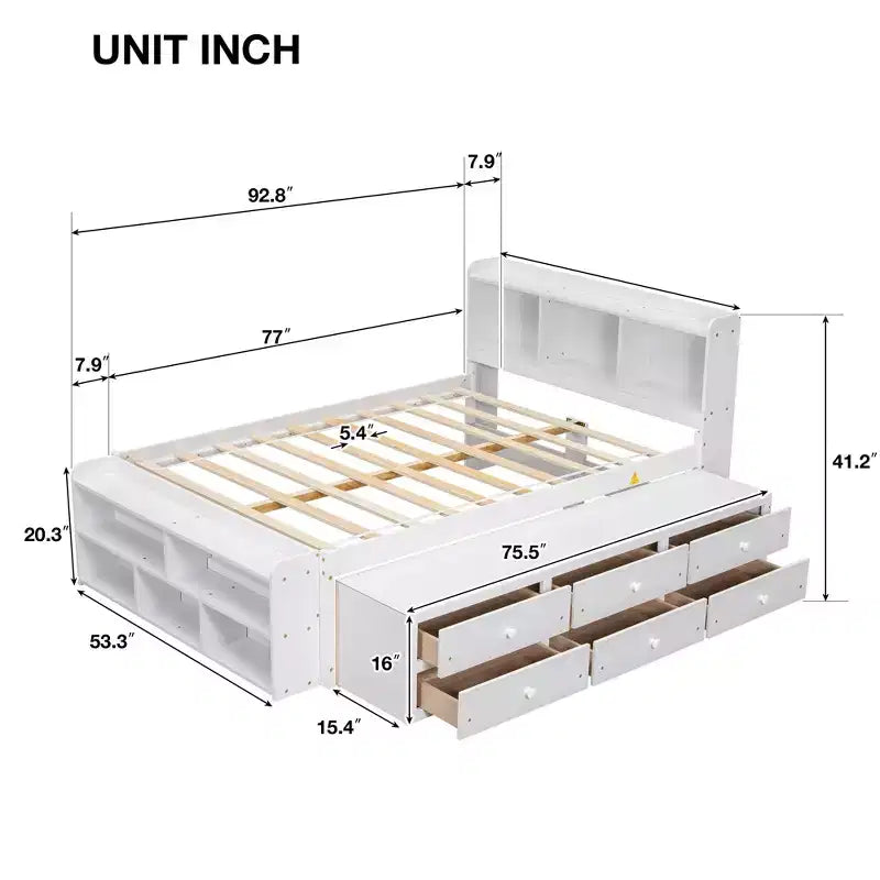 Letto matrimoniale con testiera a libreria, 6 cassetti e vano portaoggetti a fondo letto, espresso/grigio/bianco, per 1-2 persone