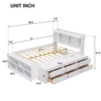 Letto matrimoniale con testiera a libreria, 6 cassetti e vano portaoggetti a fondo letto, espresso/grigio/bianco, per 1-2 persone