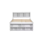 Letto matrimoniale con testiera a libreria, 6 cassetti e vano portaoggetti a fondo letto, espresso/grigio/bianco, per 1-2 persone
