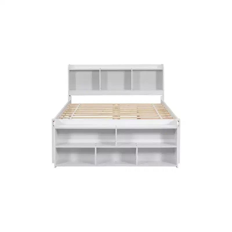 Letto matrimoniale con testiera a libreria, 6 cassetti e vano portaoggetti a fondo letto, espresso/grigio/bianco, per 1-2 persone
