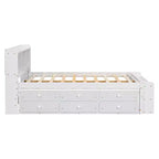 Letto matrimoniale con testiera a libreria, 6 cassetti e vano portaoggetti a fondo letto, espresso/grigio/bianco, per 1-2 persone