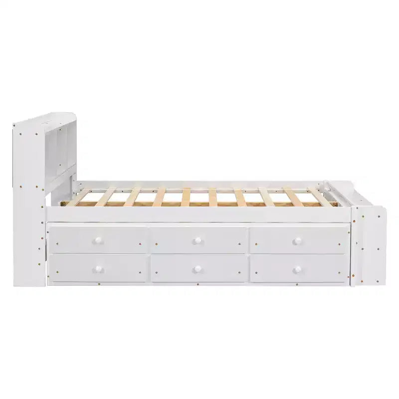 Letto matrimoniale con testiera a libreria, 6 cassetti e vano portaoggetti a fondo letto, espresso/grigio/bianco, per 1-2 persone