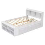 Letto matrimoniale con testiera a libreria, 6 cassetti e vano portaoggetti a fondo letto, espresso/grigio/bianco, per 1-2 persone