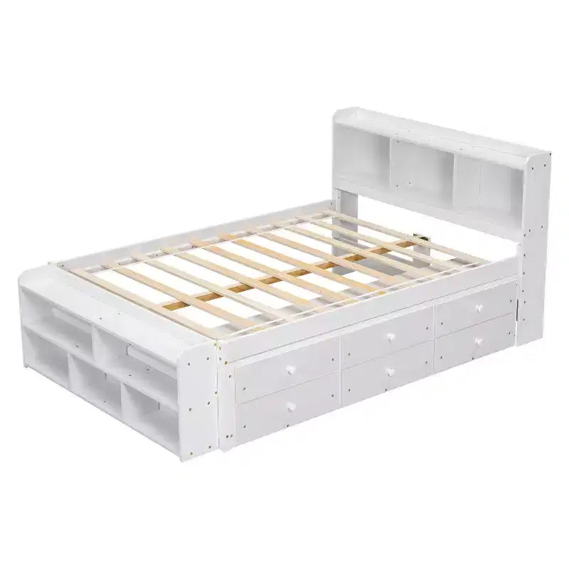 Letto matrimoniale con testiera a libreria, 6 cassetti e vano portaoggetti a fondo letto, espresso/grigio/bianco, per 1-2 persone
