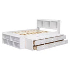 Letto matrimoniale con testiera a libreria, 6 cassetti e vano portaoggetti a fondo letto, espresso/grigio/bianco, per 1-2 persone