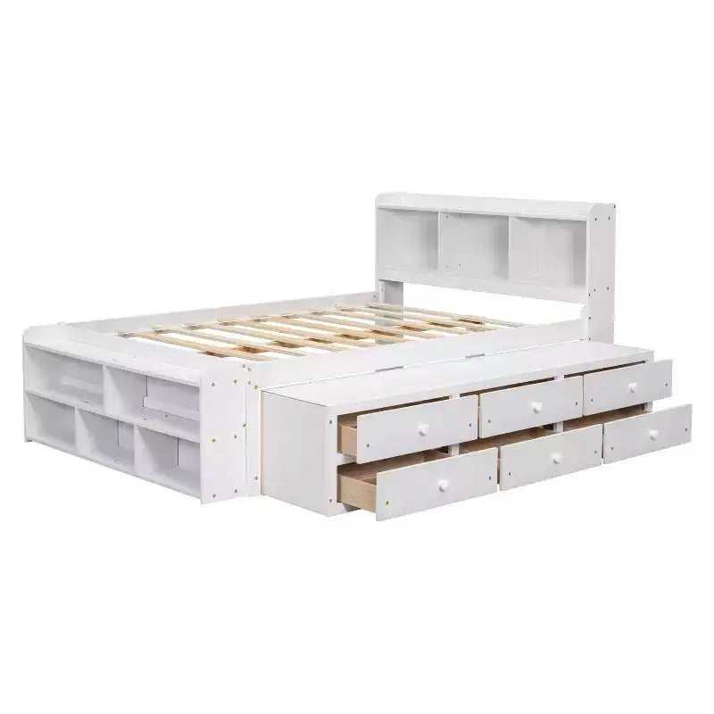 Letto matrimoniale con testiera a libreria, 6 cassetti e vano portaoggetti a fondo letto, espresso/grigio/bianco, per 1-2 persone