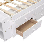 Letto matrimoniale con testiera a libreria, 6 cassetti e vano portaoggetti a fondo letto, espresso/grigio/bianco, per 1-2 persone