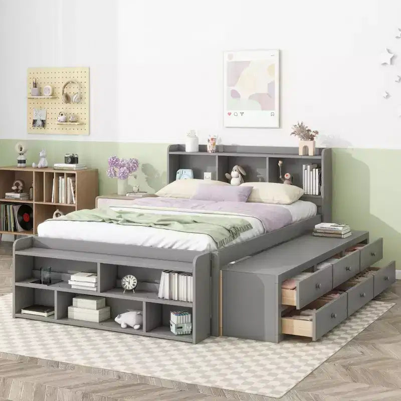 Letto matrimoniale con testiera a libreria, 6 cassetti e vano portaoggetti a fondo letto, espresso/grigio/bianco, per 1-2 persone