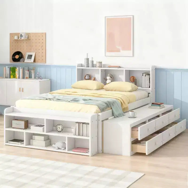 Letto matrimoniale con testiera a libreria, 6 cassetti e vano portaoggetti a fondo letto, espresso/grigio/bianco, per 1-2 persone